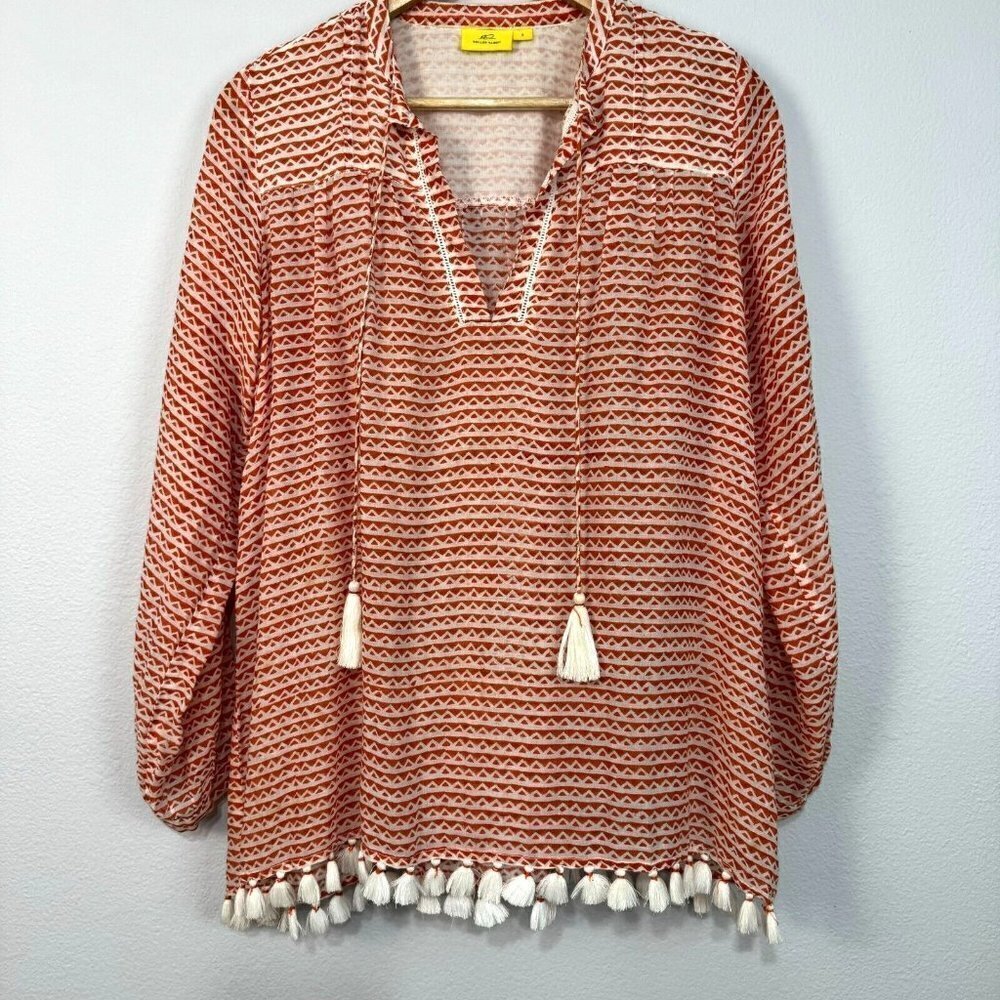 Roller Rabbit Women's‎ Boho Tunic Top Blouse Long Sleeve Tassel Orange Cream S